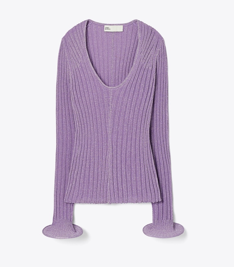 Tory Burch designer sweaters Top métallisé à encolure en U et cerceaux in Bright Lavender front