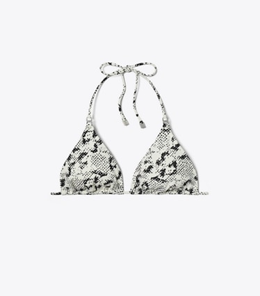 Tory Burch designer bikini Top per bikini con cordoncino e Gemini Link in New Ivory Distressed Pixelated Logo front