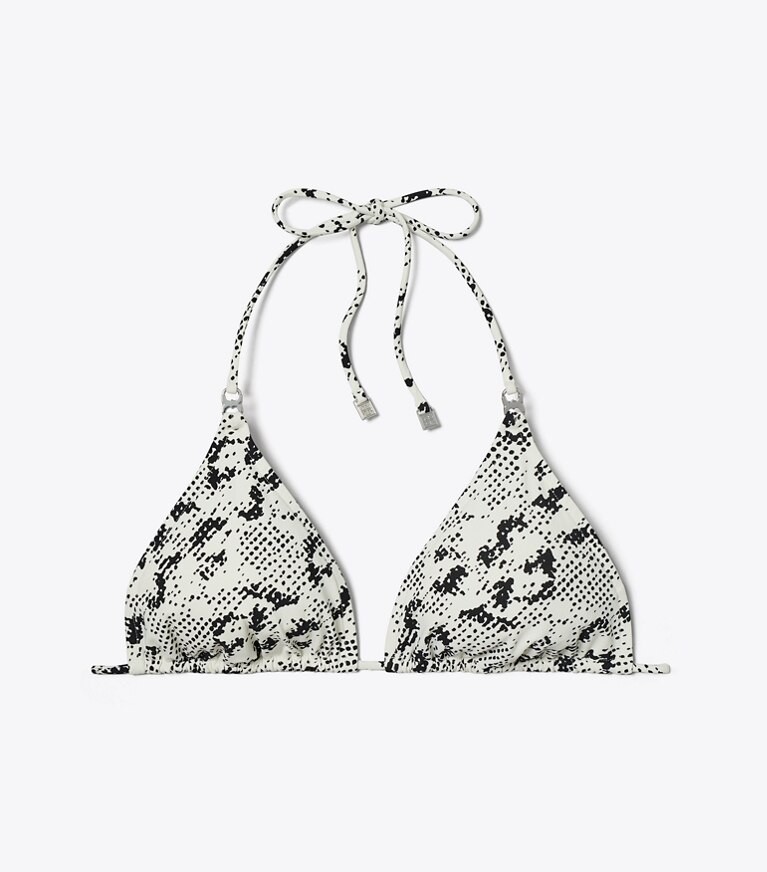 Tory Burch designer bikini Top per bikini con cordoncino e Gemini Link in New Ivory Distressed Pixelated Logo front