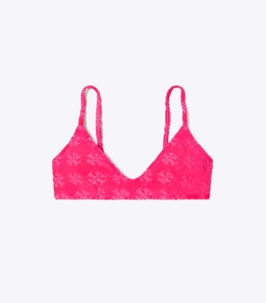 Tory Burch designer bikini Top per bikini in spugna di cotone con logo in Bold Pink front