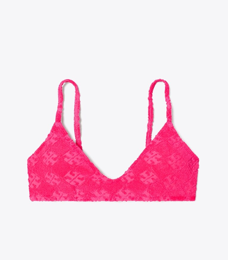 Tory Burch designer bikini Top per bikini in spugna di cotone con logo in Bold Pink front
