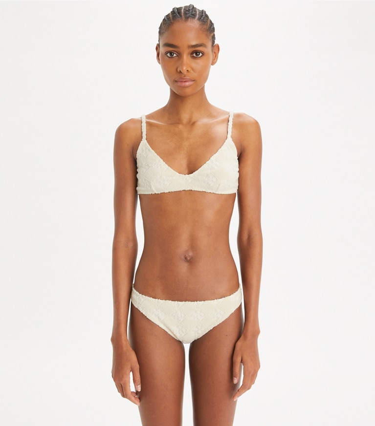 Tory Burch designer bikini Top per bikini in spugna di cotone con logo in NEW IVORY front