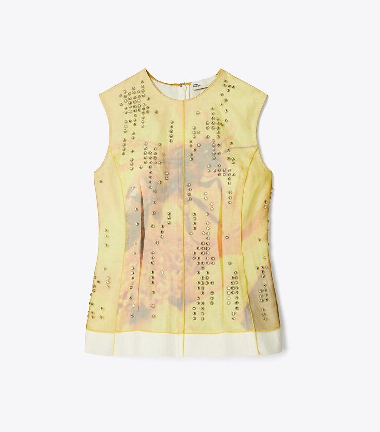 Tory Burch designer tops Top Shell in organza stampata in Yellow Bee front