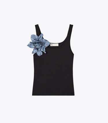 Tory Burch diseñador tops Top sin mangas en Black / Blue frente