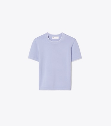 Tory Burch designer maglioni Top smerlato in lana in Pale Blue / New Ivory front