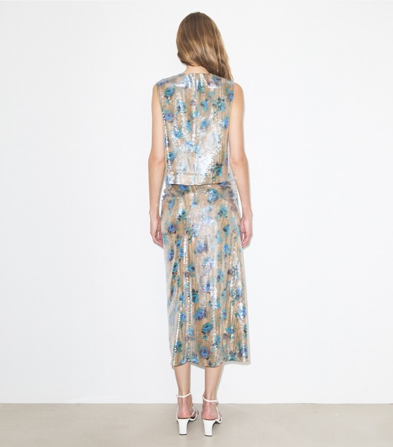 Tory Burch diseñador tops Top tipo shell con lentejuelas en Blue Roses parte posterior en modelo