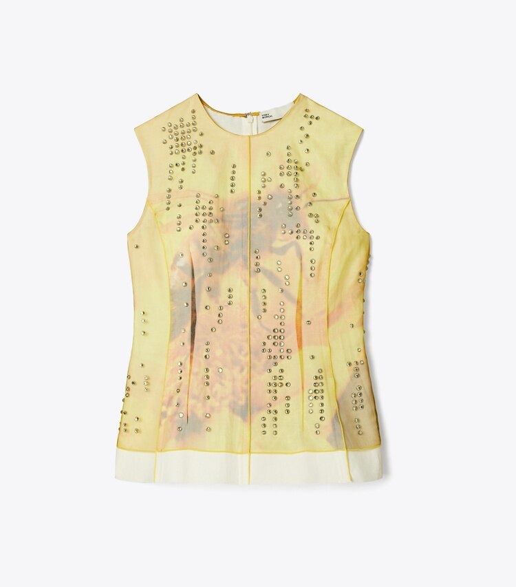 Tory Burch diseñador tops Top tipo shell de organza estampada en Yellow Bee frente
