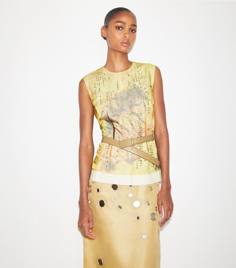 Tory Burch diseñador tops Top tipo shell de organza estampada en Yellow Bee detalle en modelo