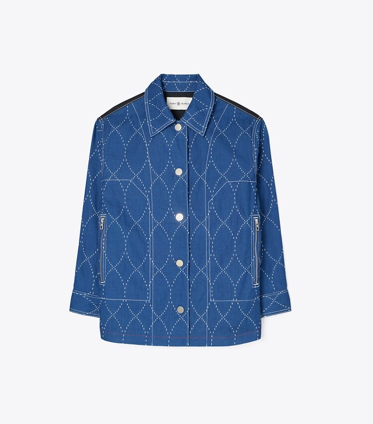 Tory Burch designer jackets Topstitch Denim Jacket in Blue/ White front