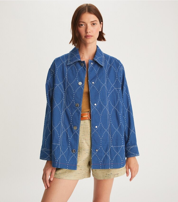 Tory Burch designer jackets Topstitch Denim Jacket in Blue/ White on model detail