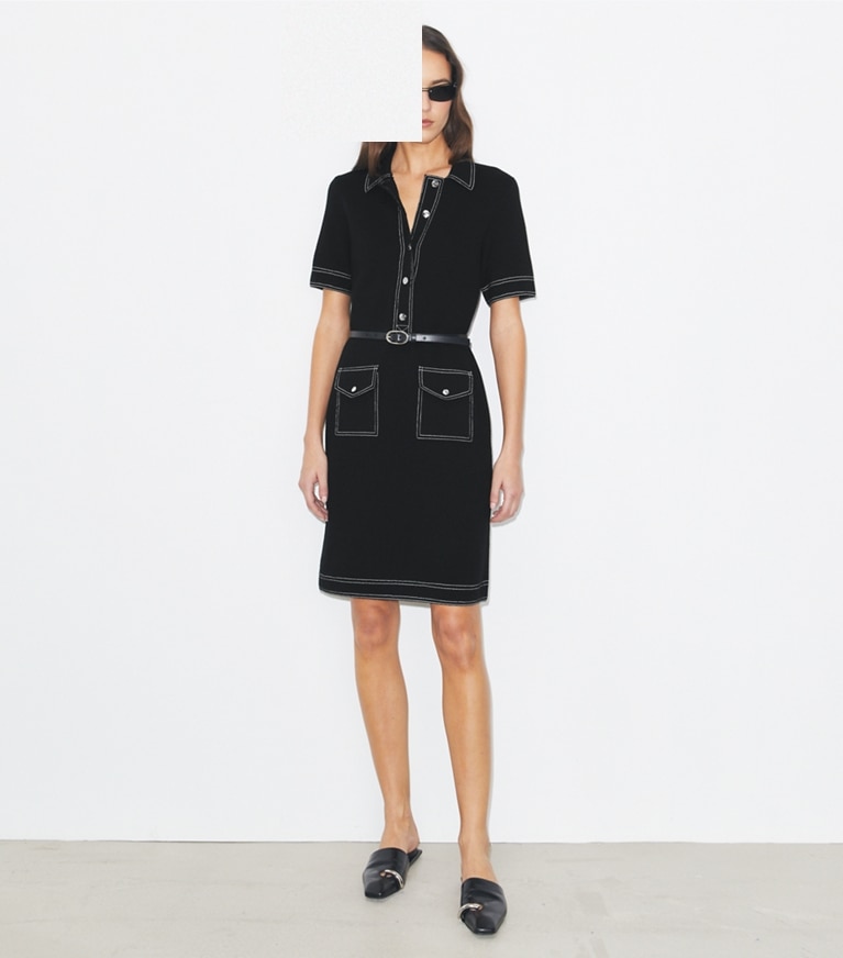 Tory Burch designer dresses Topstitch Wool Camp Dress in Black front