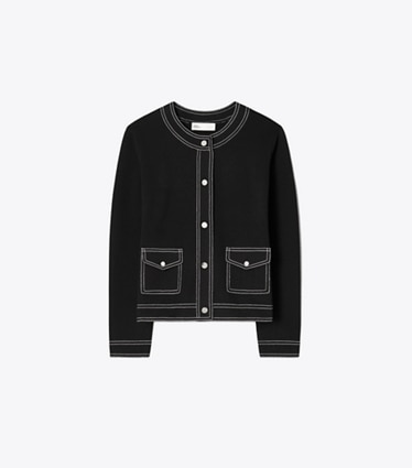 Tory Burch designer sweaters Topstitch Wool Cardigan in Black front