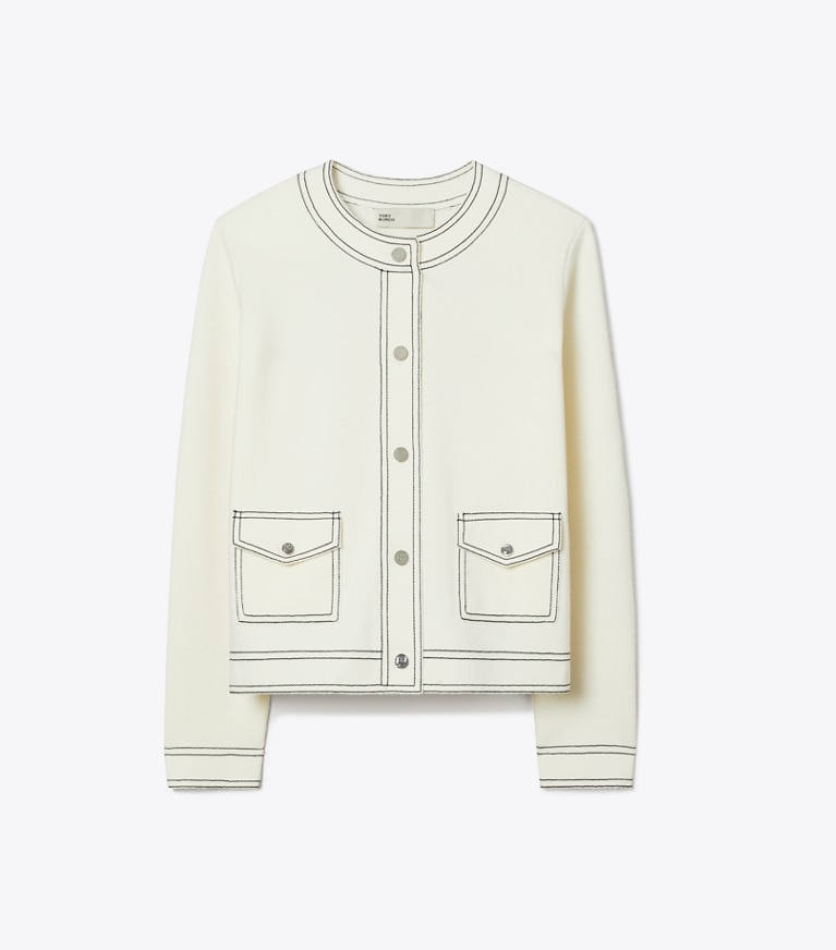 Tory Burch designer sweaters Topstitch Wool Cardigan in New Ivory front