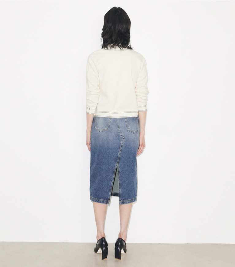 Tory Burch designer sweaters Topstitch Wool Cardigan in New Ivory on model back