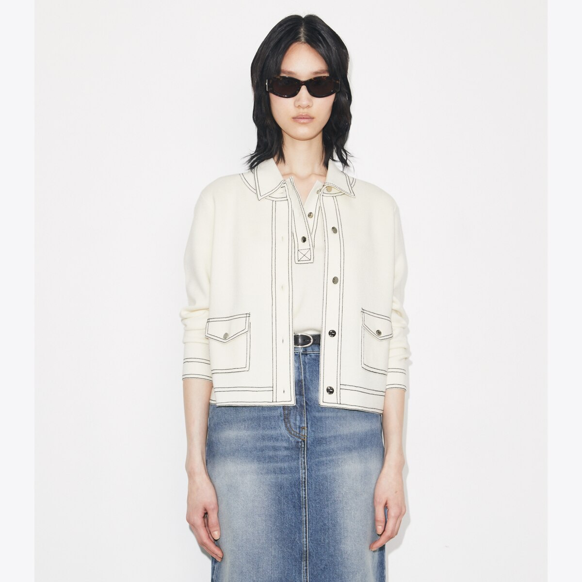 Topstitch Wool Cardigan: Women's Designer Sweaters | Tory Burch