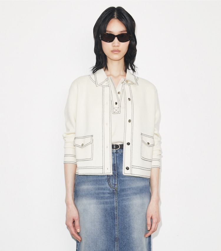 Tory Burch designer sweaters Topstitch Wool Cardigan in New Ivory on model detail