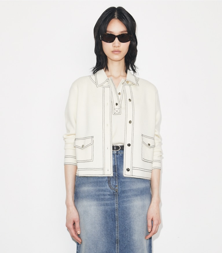 Tory Burch designer sweaters Topstitch Wool Cardigan in New Ivory on model detail