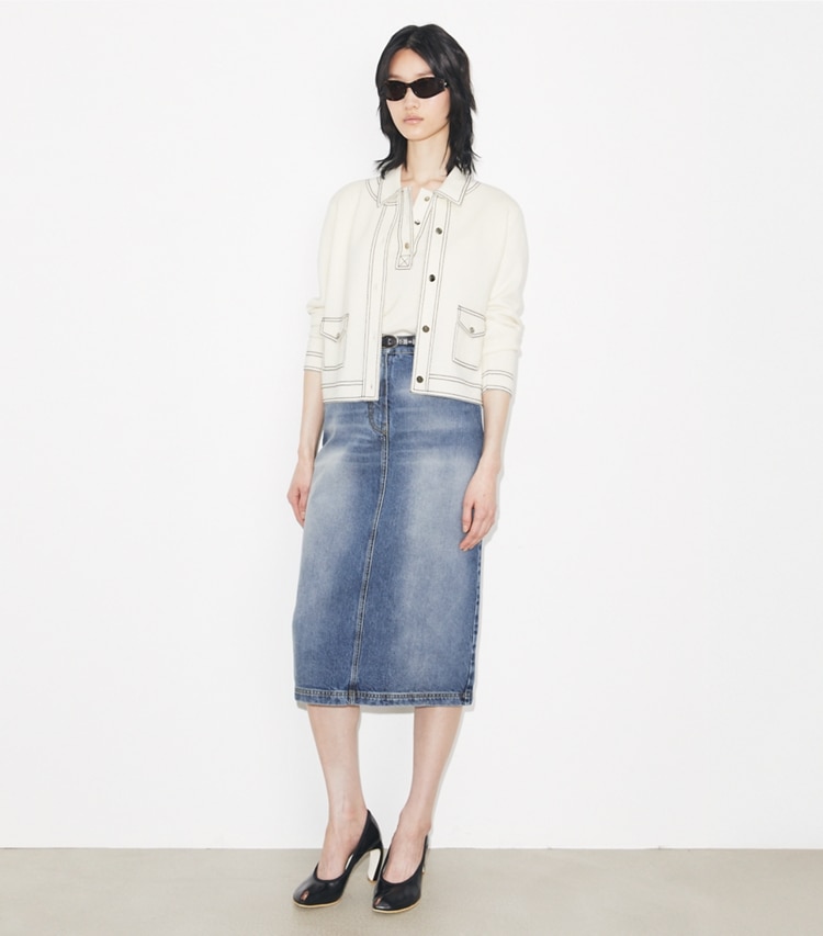 Tory Burch designer sweaters Topstitch Wool Cardigan in New Ivory on model front