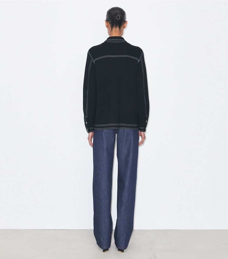 Tory Burch designer sweaters Topstitch Wool Jacket in Black on model back