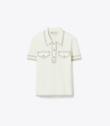 Tory Burch designer sweaters Topstitch Wool Polo in New Ivory front