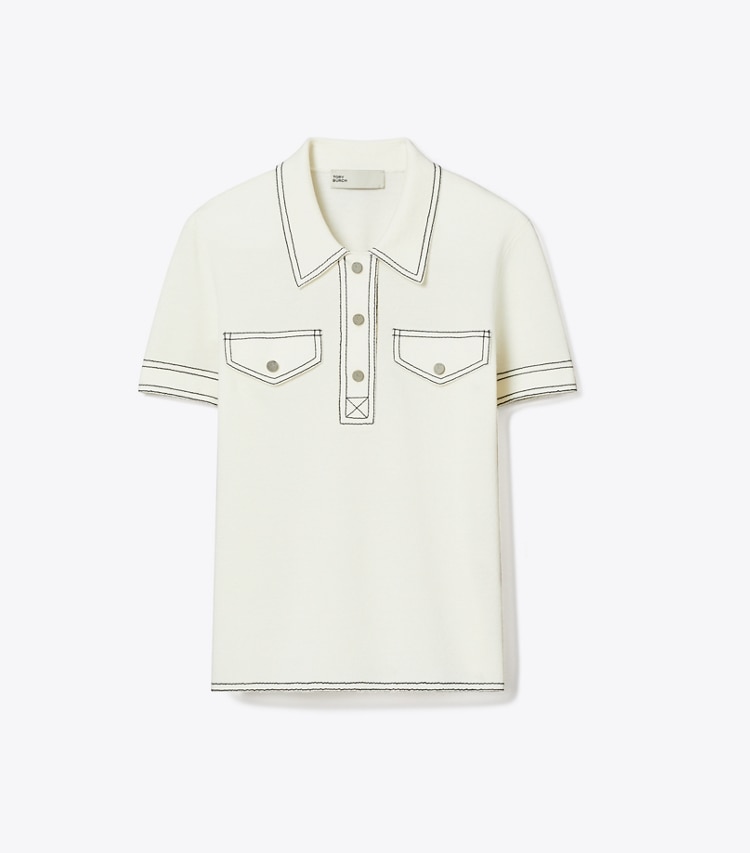 Tory Burch designer sweaters Topstitch Wool Polo in New Ivory front