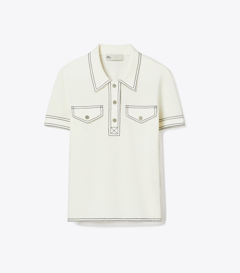 Tory Burch designer sweaters Topstitch Wool Polo in New Ivory front