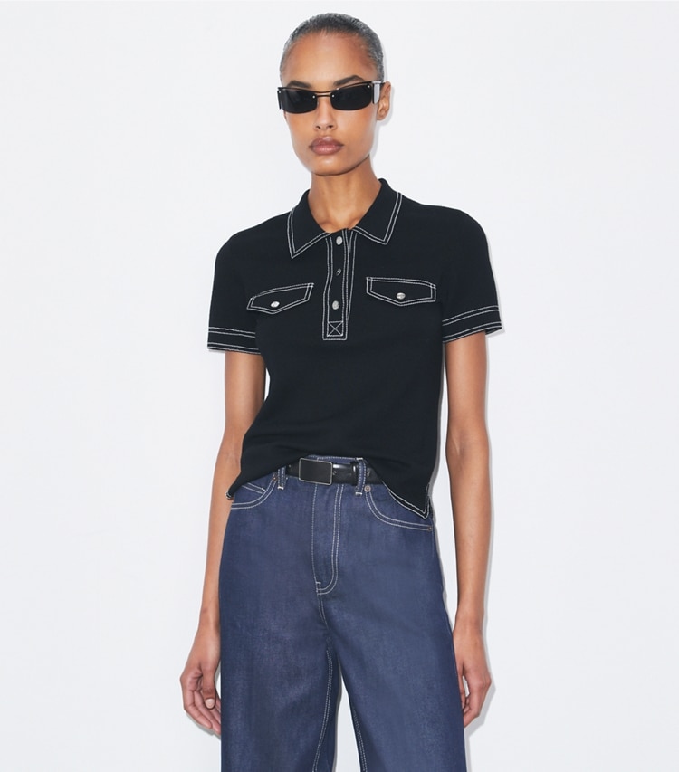 Tory Burch designer sweaters Topstitch Wool Polo in Black on model detail