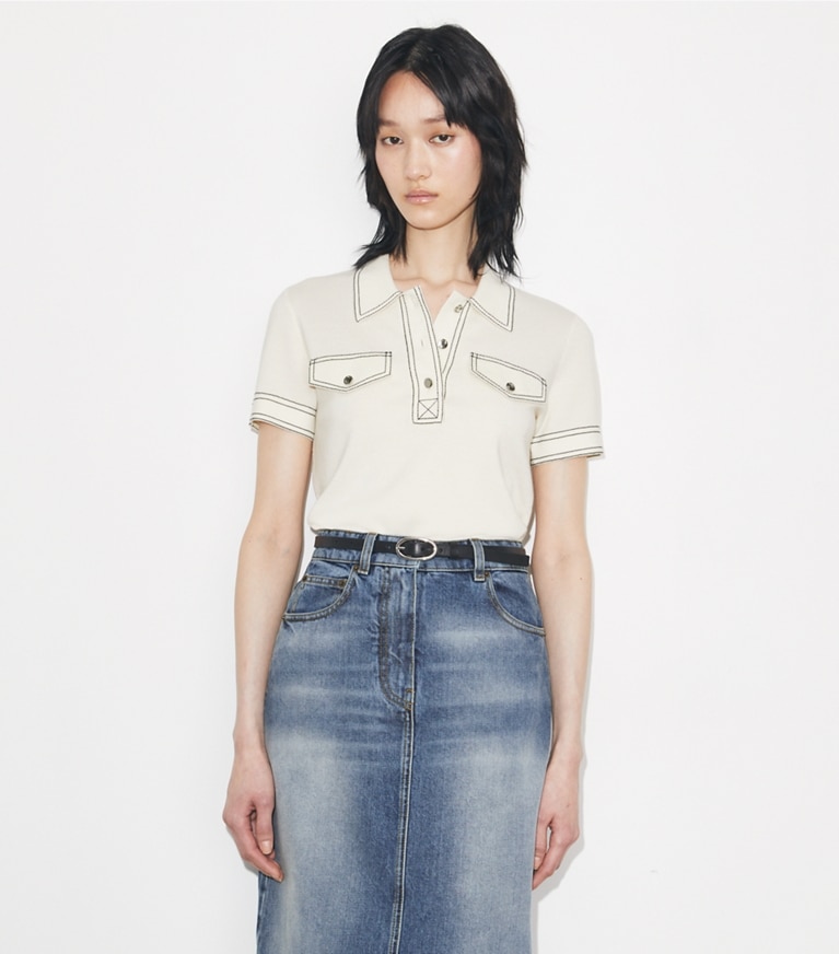 Tory Burch designer sweaters Topstitch Wool Polo in New Ivory on model detail