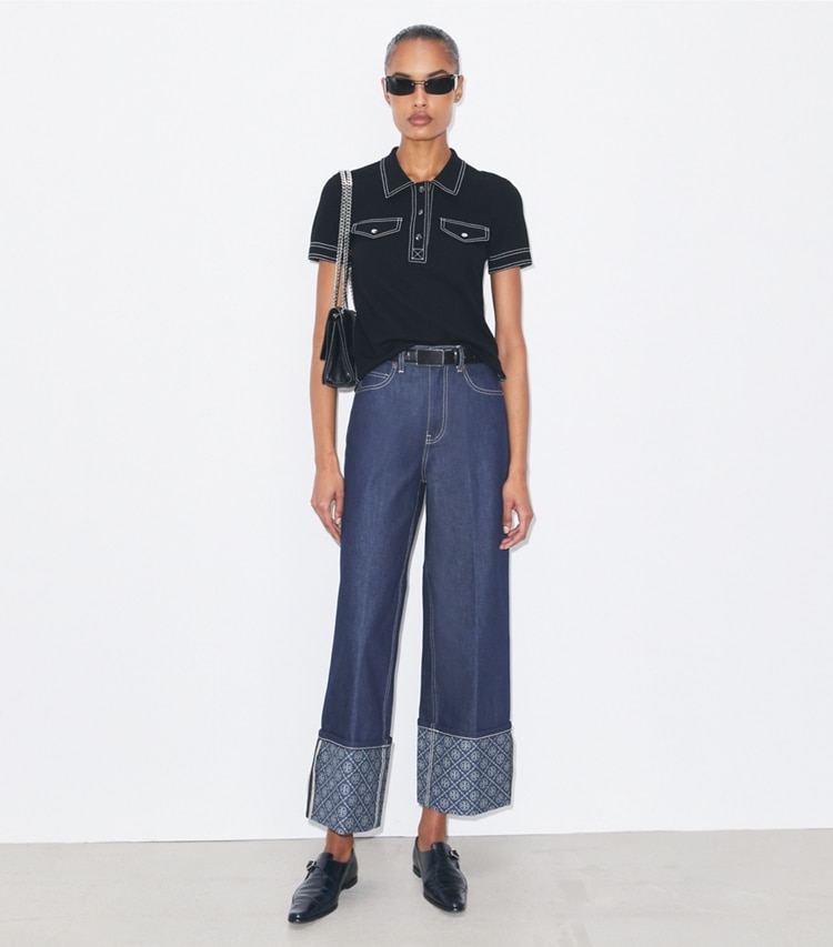 Tory Burch designer sweaters Topstitch Wool Polo in Black on model front