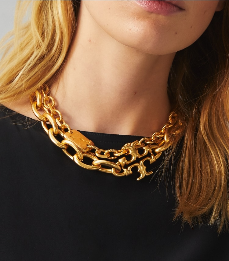 Tory Burch designer necklaces Torsade Statement Necklace in Rolled Brass accessory on model