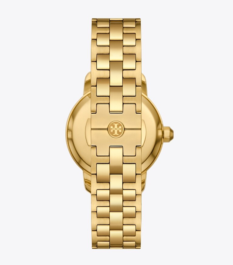 Tory Burch designer armbanduhren Tory Armbanduhr aus goldfarbenem Edelstahl in IVORY/GOLD front