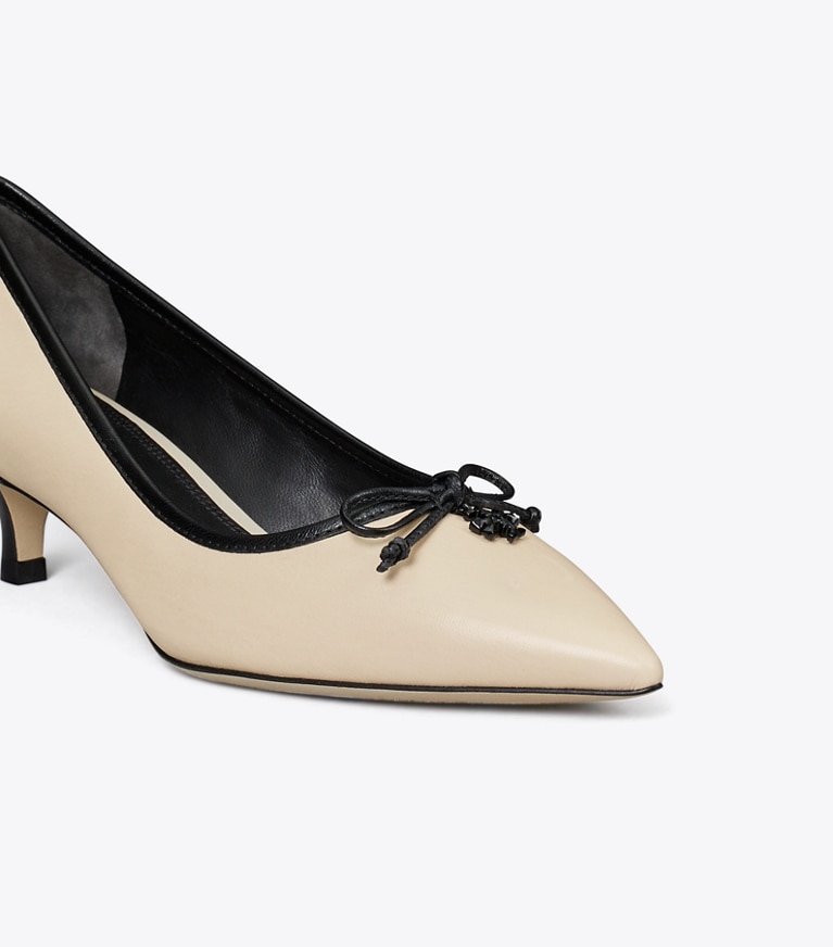 Tory Burch designer heels Tory Charm Pump in Dulce De Leche / PERFECT BLACK angle
