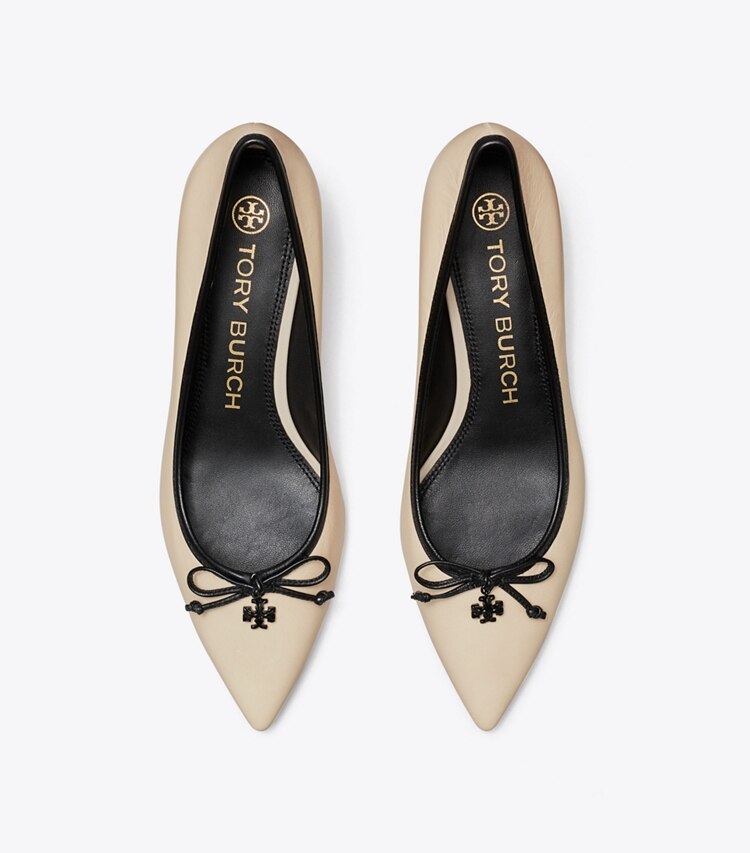 Tory Burch designer heels Tory Charm Pump in Dulce De Leche / PERFECT BLACK overhead