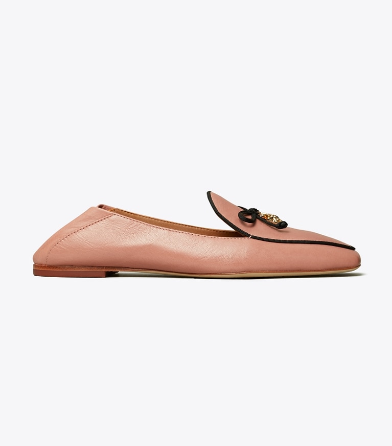 Tory Burch designer flats Tory Charm Two-Tone Loafer in ROSA / PERFECT BLACK angle