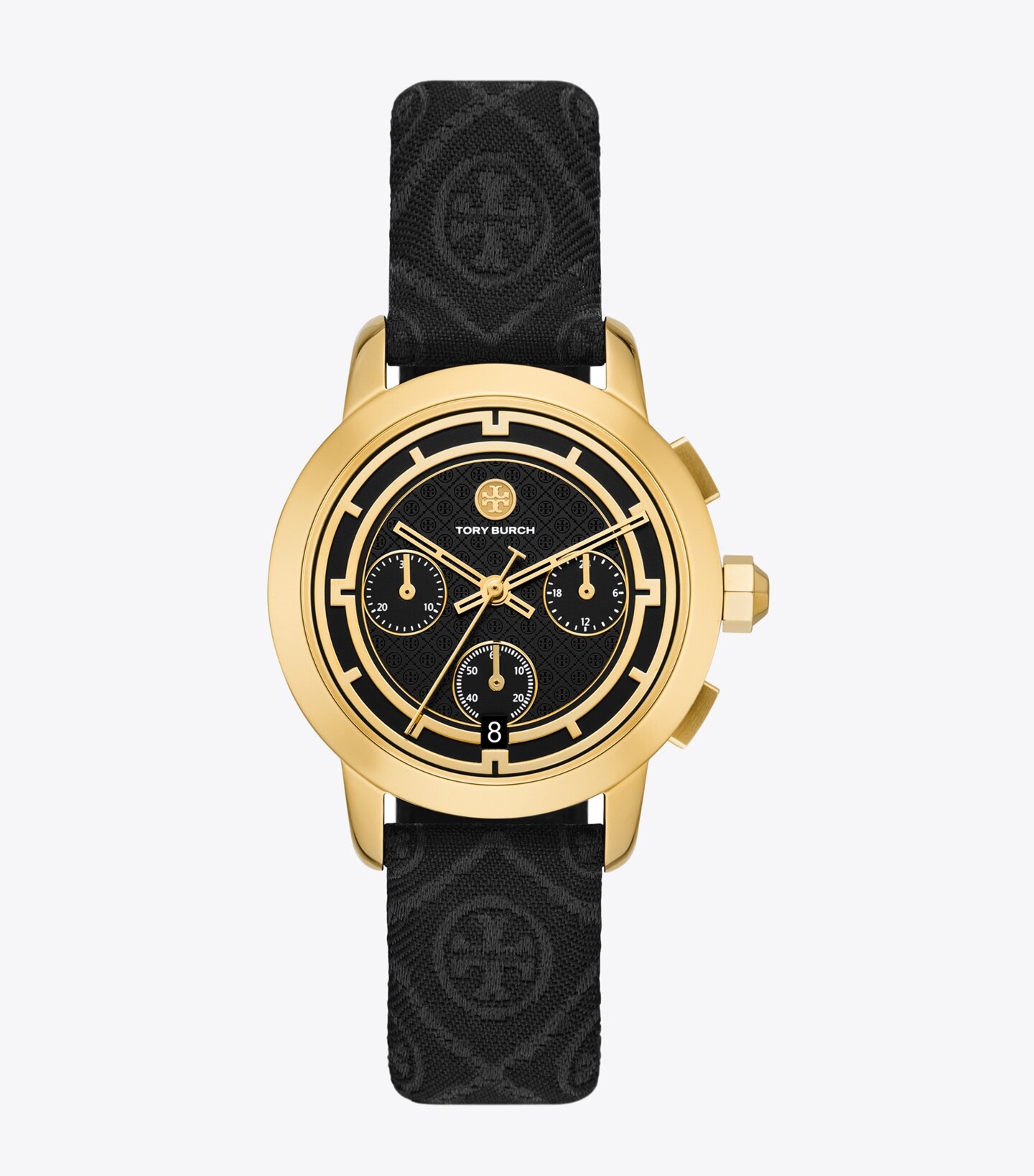 Tory Chronograph Watch, T Monogram Jacquard/ Leather/ Gold-Tone Stainless Steel