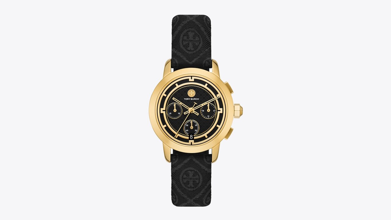 Tory Chronograph Watch, T Monogram Jacquard/ Leather/ Gold