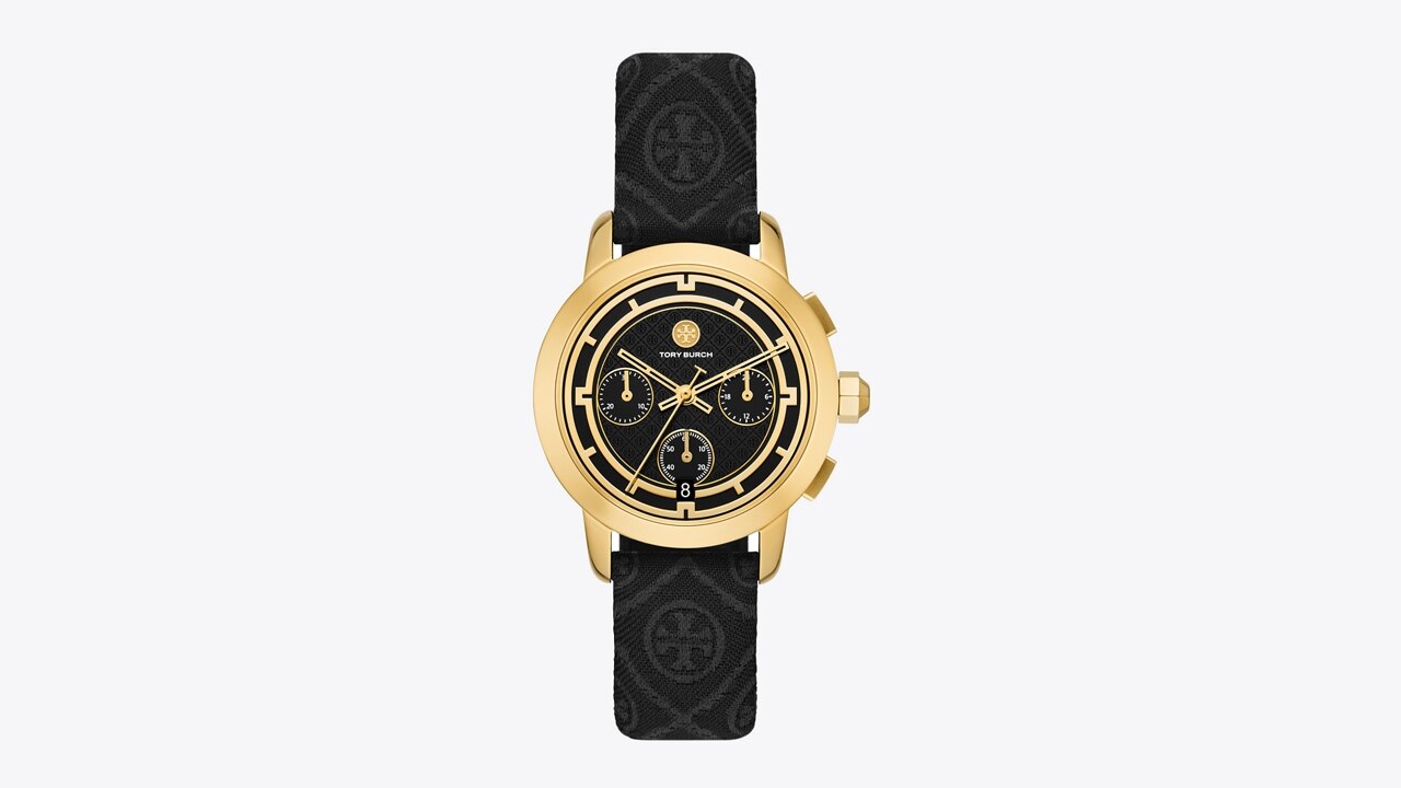 Tory Chronograph Watch, T Monogram Jacquard/ Leather/ Gold-Tone Stainless  Steel