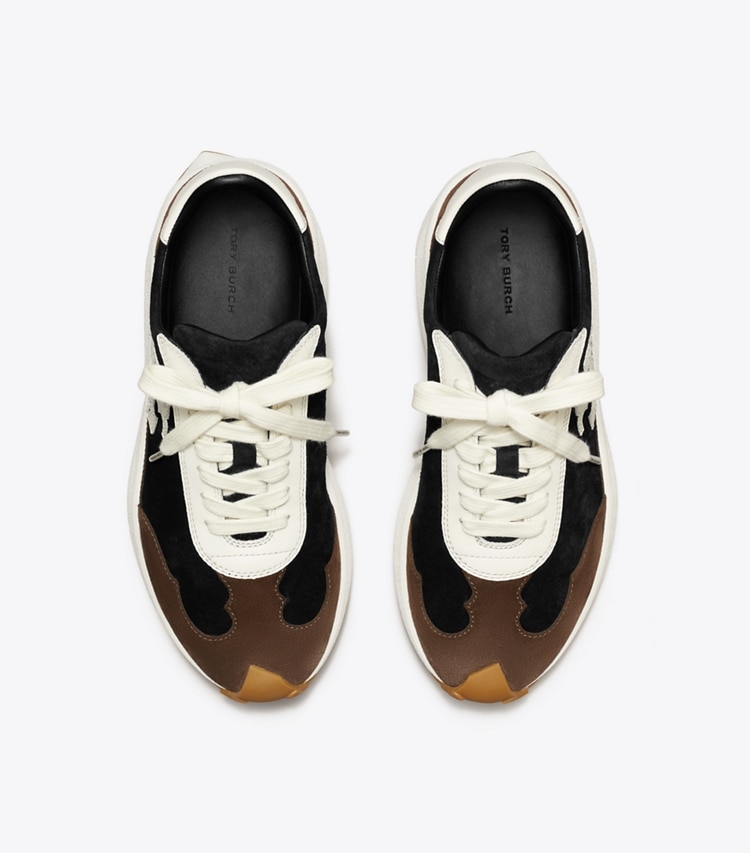 Tory Burch designer sneakers Tory Trainer in PERFECT BLACK / BLANC / DARK COCOA overhead