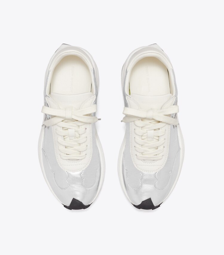 Tory Burch designer sneakers Tory Trainer in METALLIC SILVER/SILVER SPECCHIO/CREAM overhead