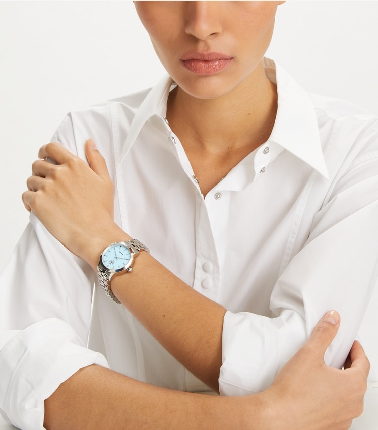 Tory Burch designer strap watches Tory Watch, Stainless Steel in LIGHT BLUE/SILVER accessory on model