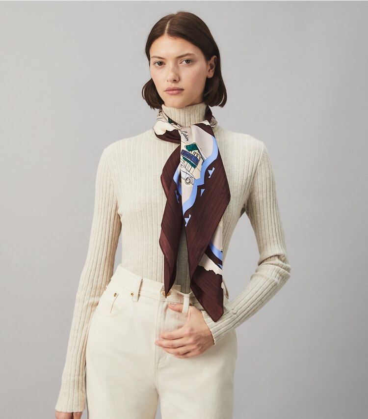 Tory Burch designer scarves Tory's Chalet Silk Square Scarf  in Vino accessory on model