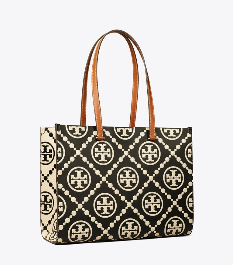 Tory Burch diseñador bolsos tote Tote con relieve en contraste y monograma T en Black/White ángulo