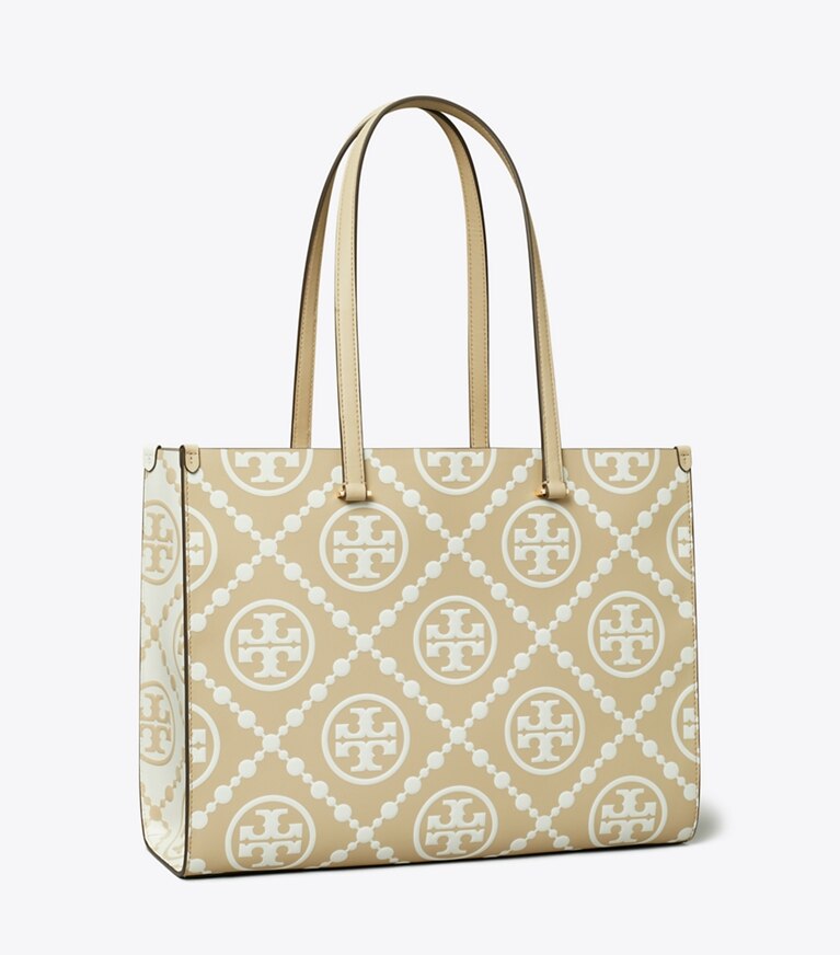 Tory Burch diseñador bolsos tote Tote con relieve en contraste y monograma T en Beige ángulo