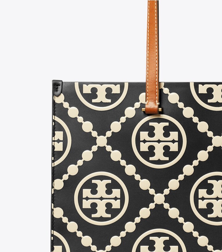 Tory Burch diseñador bolsos tote Tote con relieve en contraste y monograma T en Black/White detalle