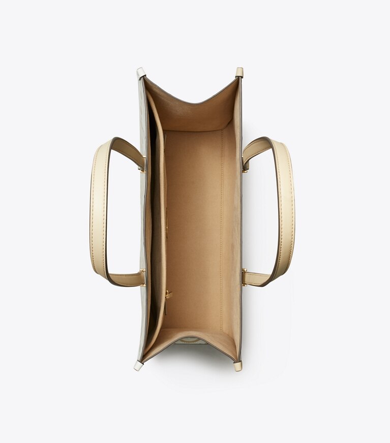 Tory Burch diseñador bolsos tote Tote con relieve en contraste y monograma T en Beige vista superior
