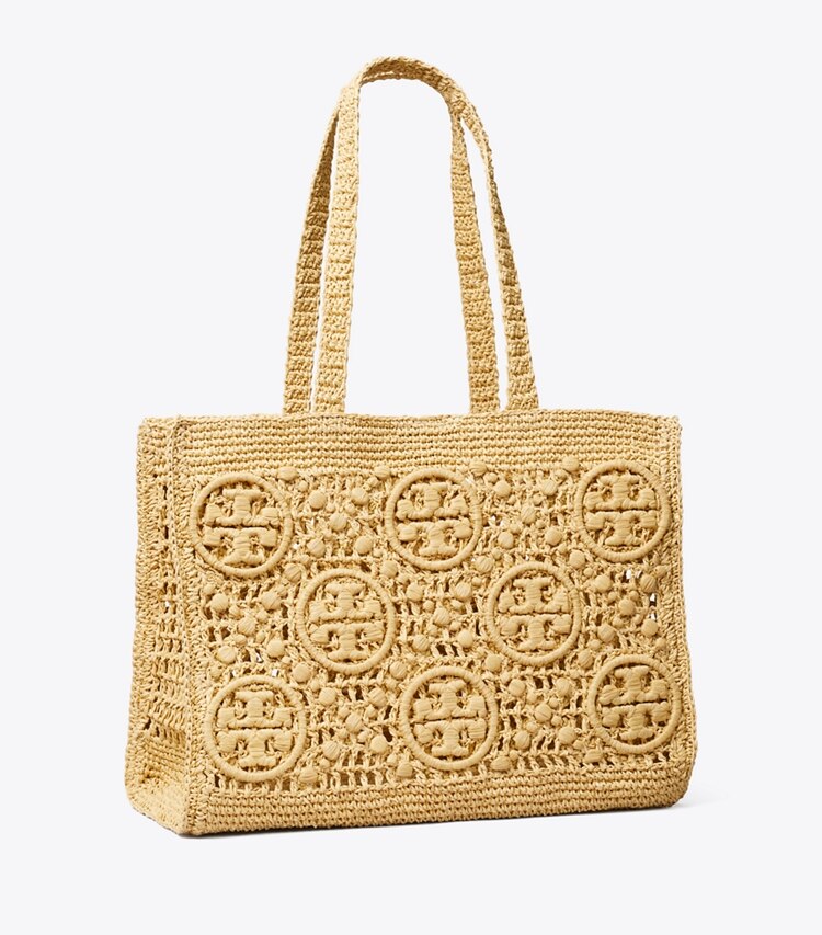 Tory Burch diseñador bolsos tote Tote de croché con monograma T en Natural ángulo