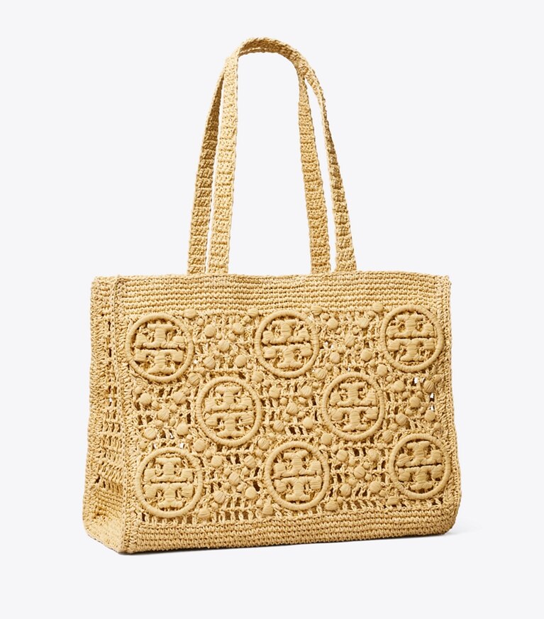 Tory Burch diseñador bolsos tote Tote de croché con monograma T en Natural ángulo