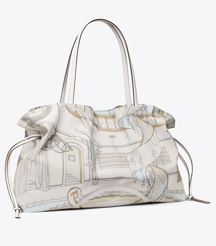 Tory Burch diseñador bolsos tote Tote Ella estampado con cordón ajustable en The Pool Beige ángulo