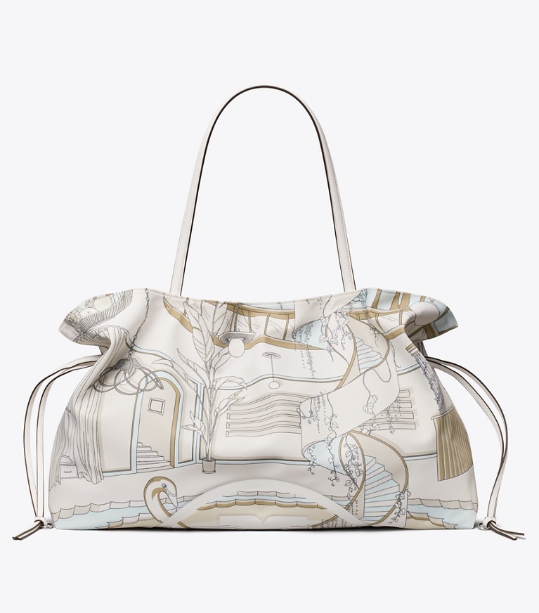 Tory Burch diseñador bolsos tote Tote Ella estampado con cordón ajustable en The Pool Beige volver
