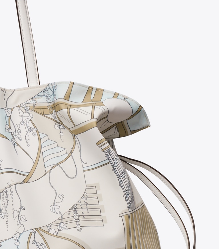 Tory Burch diseñador bolsos tote Tote Ella estampado con cordón ajustable en The Pool Beige detalle